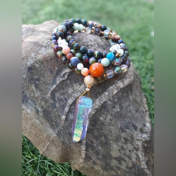 Artisan Hand Crafted Aura Quartz Crystal Planets in A Galaxy 🌈 Tigers Eye Mala 📿 - Picture 2 of 3